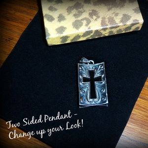 PEWTER SILVER BLACK CROSS 2-SIDE PENDANT NECKLACE